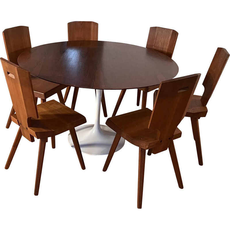 Set of 6 vintage S.28.A solid elmwood chairs by Pierre Chapo, 1970