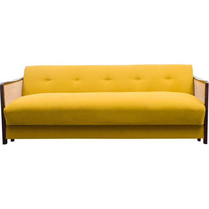 Vintage sofa in beechwood, viennese wicker and yellow fabric, 1950s