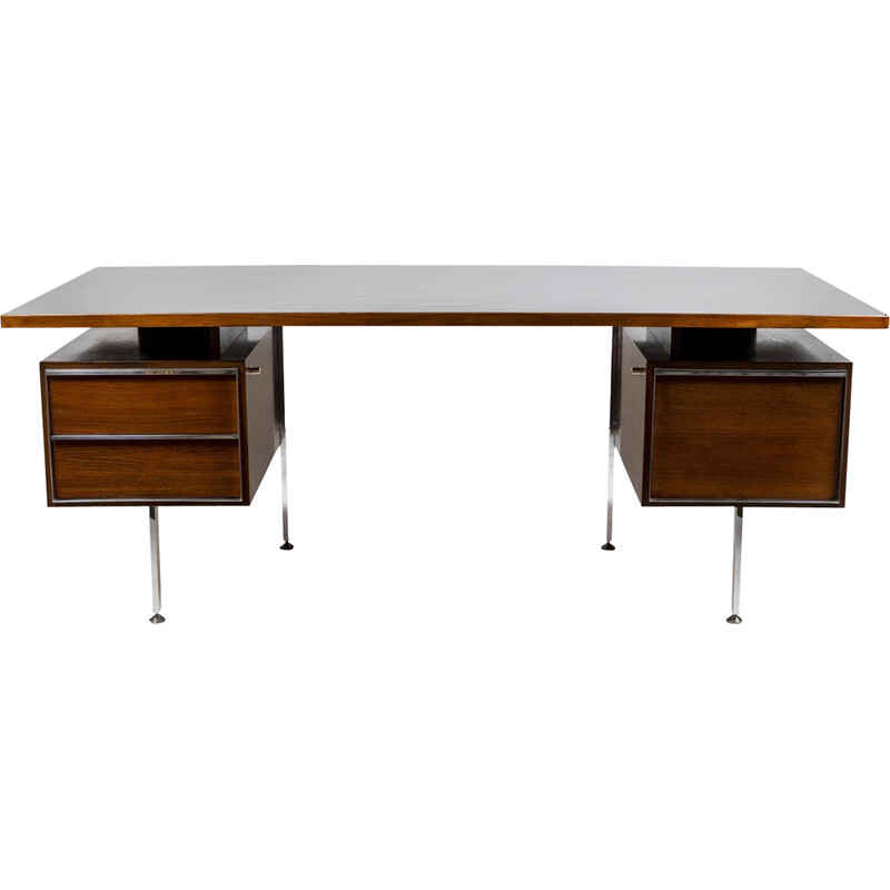 Teca Vintage e mesa ministerial de metal cromado, 1970