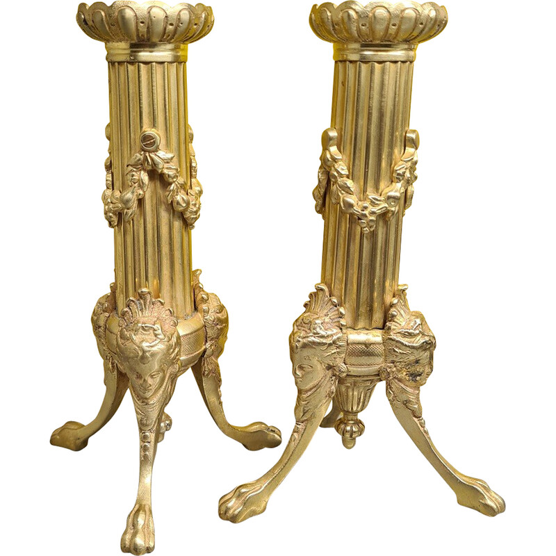 Coppia di candelieri d'epoca in bronzo dorato, Francia
