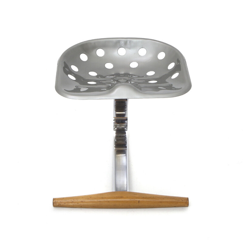 Vintage Mezzadro stool in chromed metal and wood by Achille and Pier Giacomo Castiglioni for Zanotta, 1970s