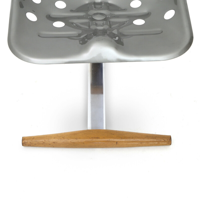 Vintage Mezzadro stool in chromed metal and wood by Achille and Pier Giacomo Castiglioni for Zanotta, 1970s
