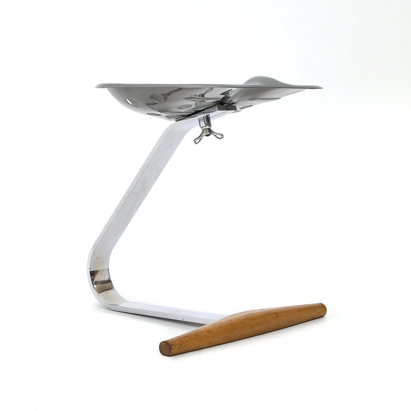 Vintage Mezzadro stool in chromed metal and wood by Achille and Pier Giacomo Castiglioni for Zanotta, 1970s