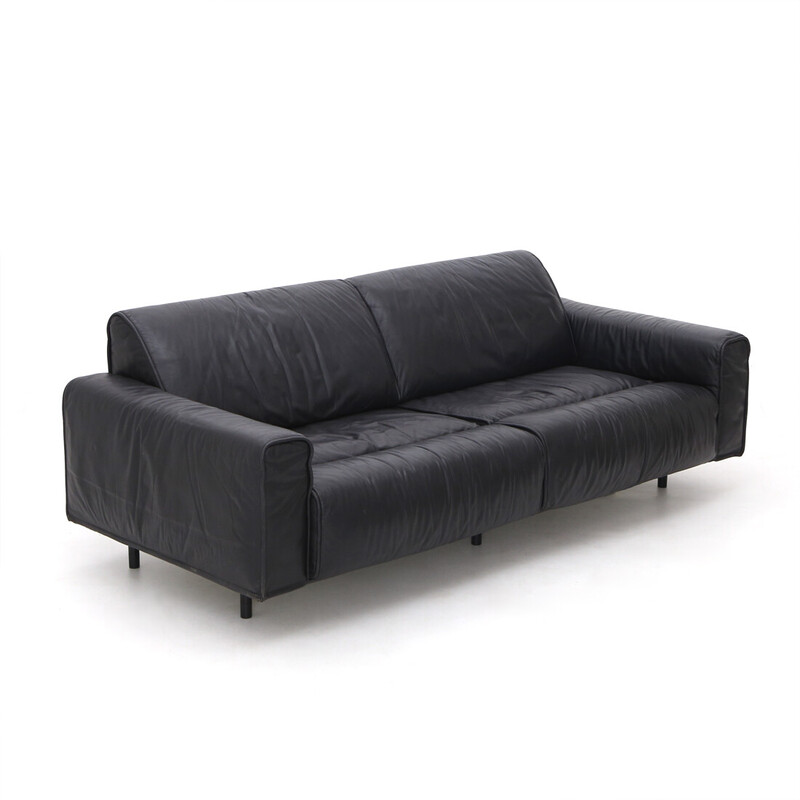 Vintage 3 seater sofa in black leather, metal and plastic by Mobilgirgi, Italy 1970s