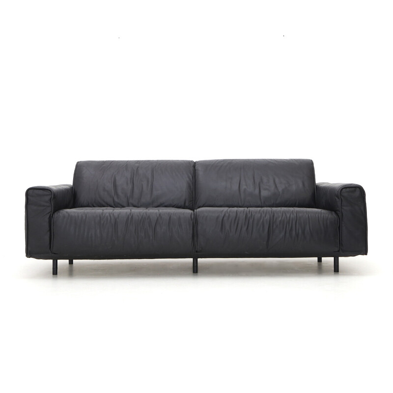 Vintage 3 seater sofa in black leather, metal and plastic by Mobilgirgi, Italy 1970s