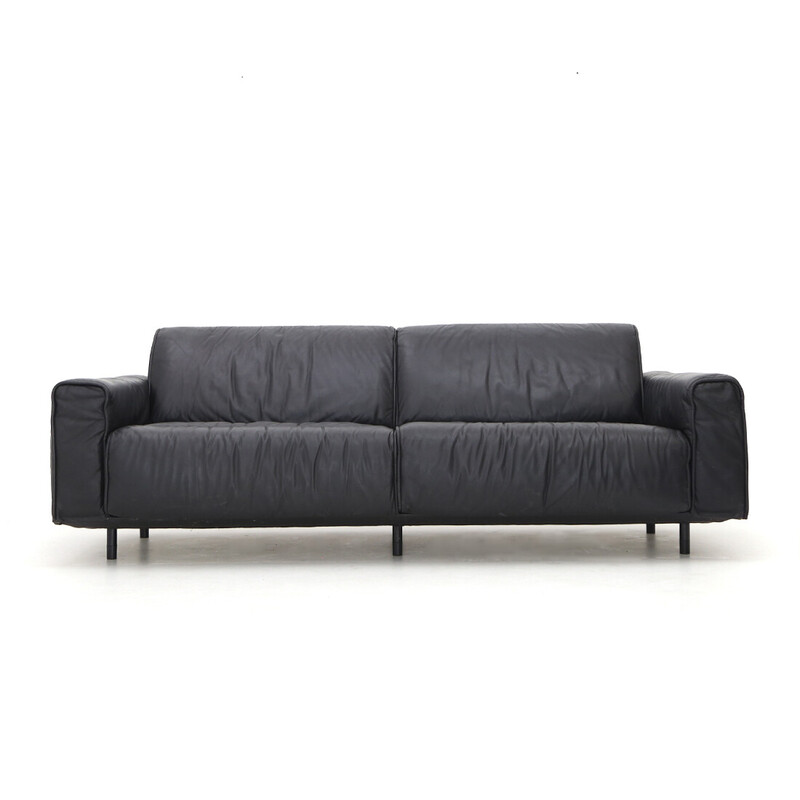 Vintage 3-Sitzer Sofa aus schwarzem Leder, Metall und Kunststoff von Mobilgirgi, Italien 1970er