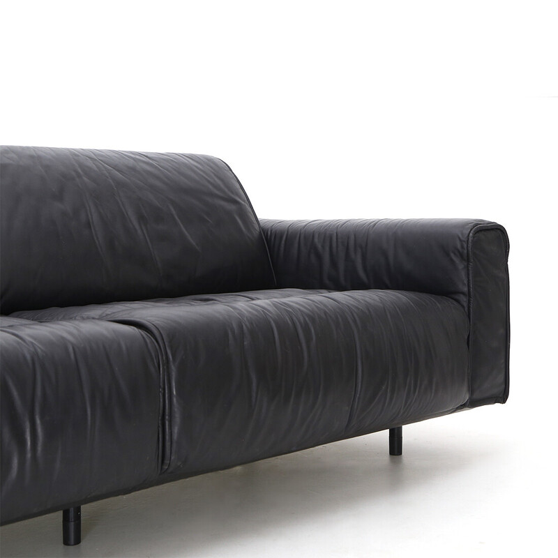 Vintage 3 seater sofa in black leather, metal and plastic by Mobilgirgi, Italy 1970s