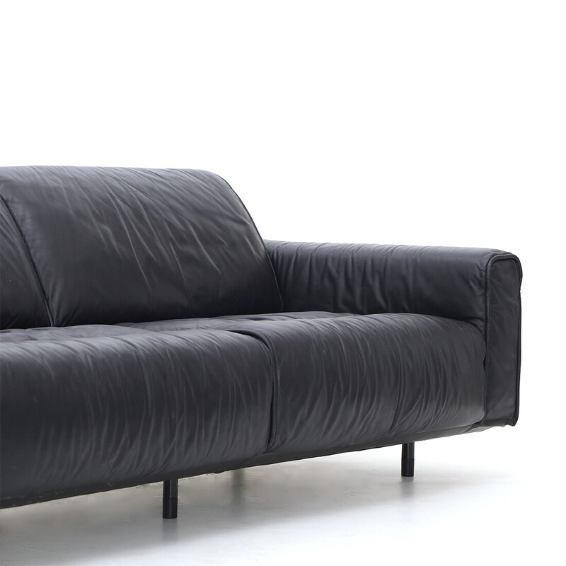 Vintage 3 seater sofa in black leather, metal and plastic by Mobilgirgi, Italy 1970s