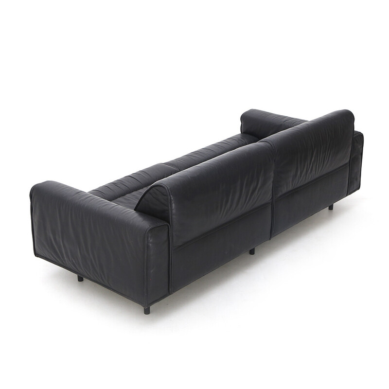 Vintage 3 seater sofa in black leather, metal and plastic by Mobilgirgi, Italy 1970s