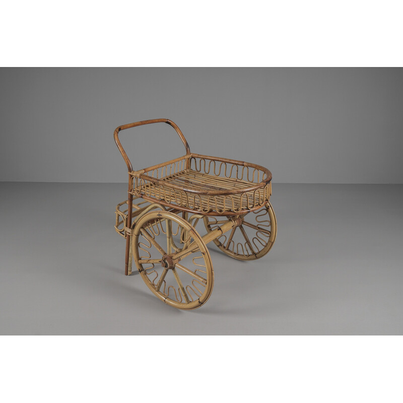 Italian vintage bamboo and rattan serving trolley, 1950s