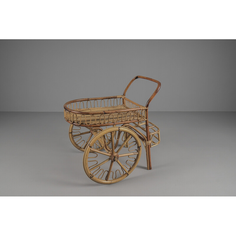 Italian vintage bamboo and rattan serving trolley, 1950s