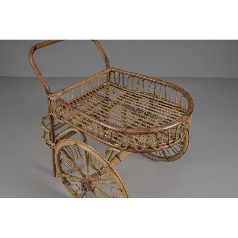 Italian vintage bamboo and rattan serving trolley, 1950s