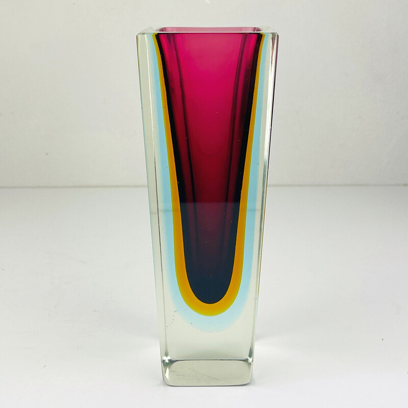 Vintage Sommerso Murano vaso de vidro cortado à mão por Flavio Poli, Itália 1970s