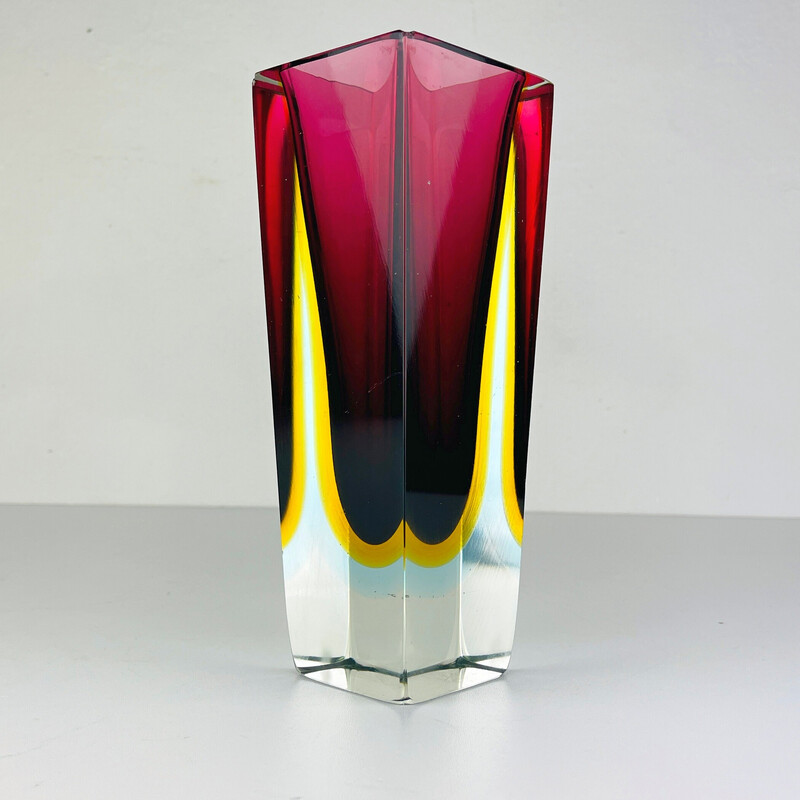 Vaso vintage Sommerso in vetro di Murano tagliato a mano da Flavio Poli, Italia anni '70