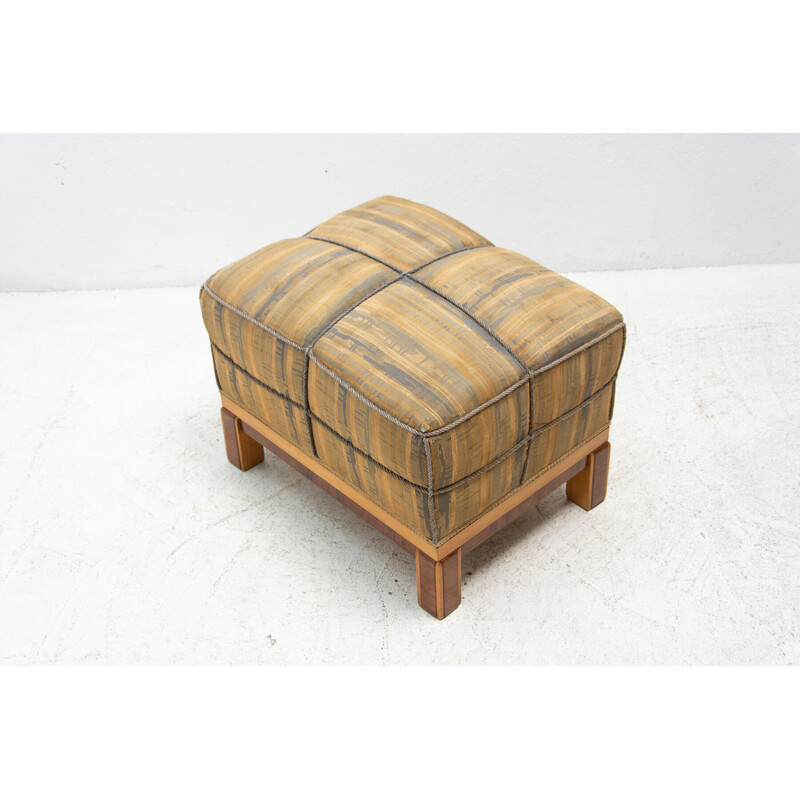 Art Deco vintage walnut and upholstery footrest, Czechoslovakia 1940s