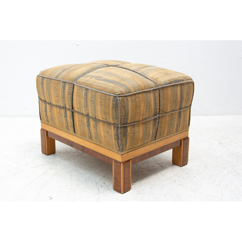 Art Deco vintage walnut and upholstery footrest, Czechoslovakia 1940s