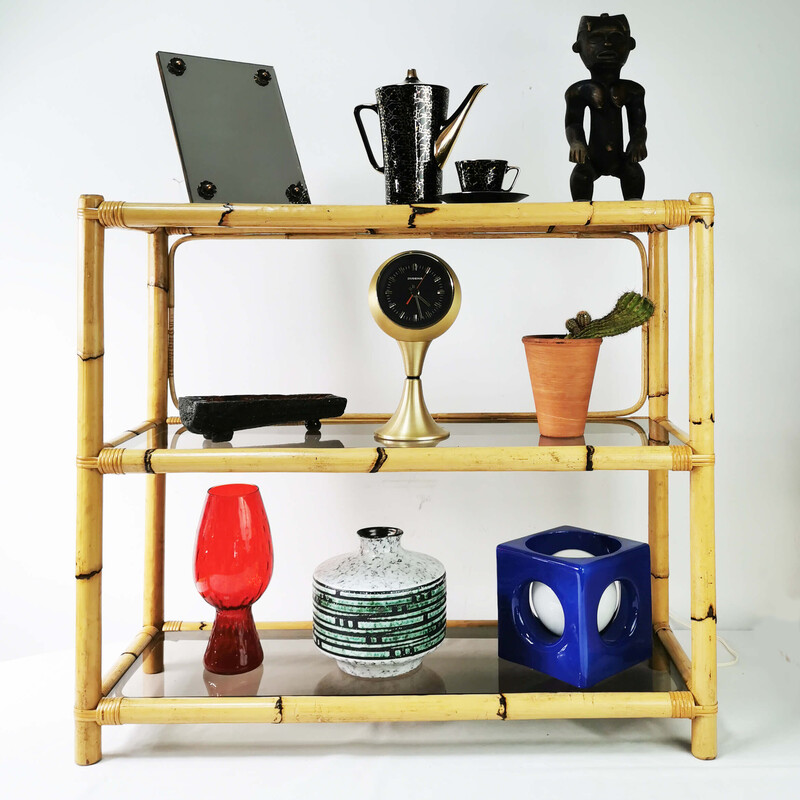 Vintage bamboo and glass shelf, Germany 1970s