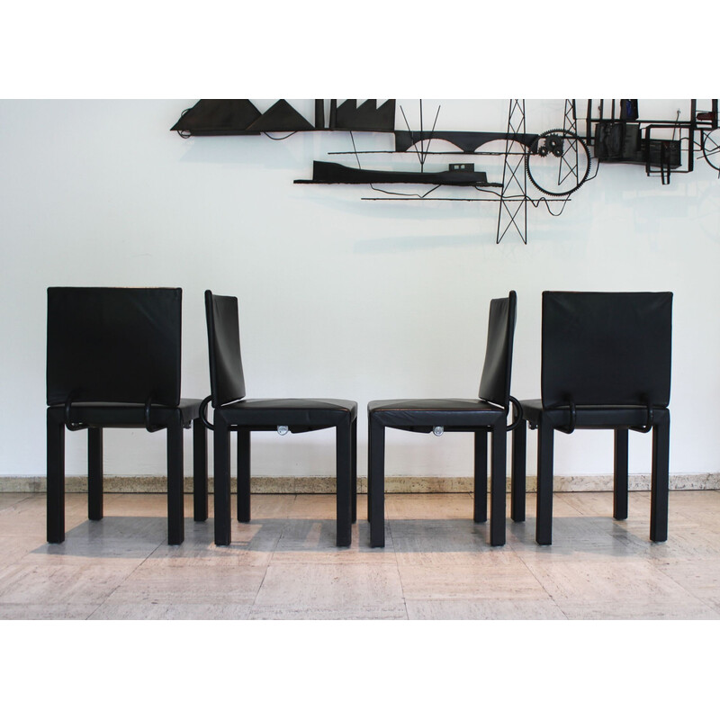 Conjunto de 8 sillas vintage Arcadia de cuero y metal lacado en negro de Paolo Piva para B
