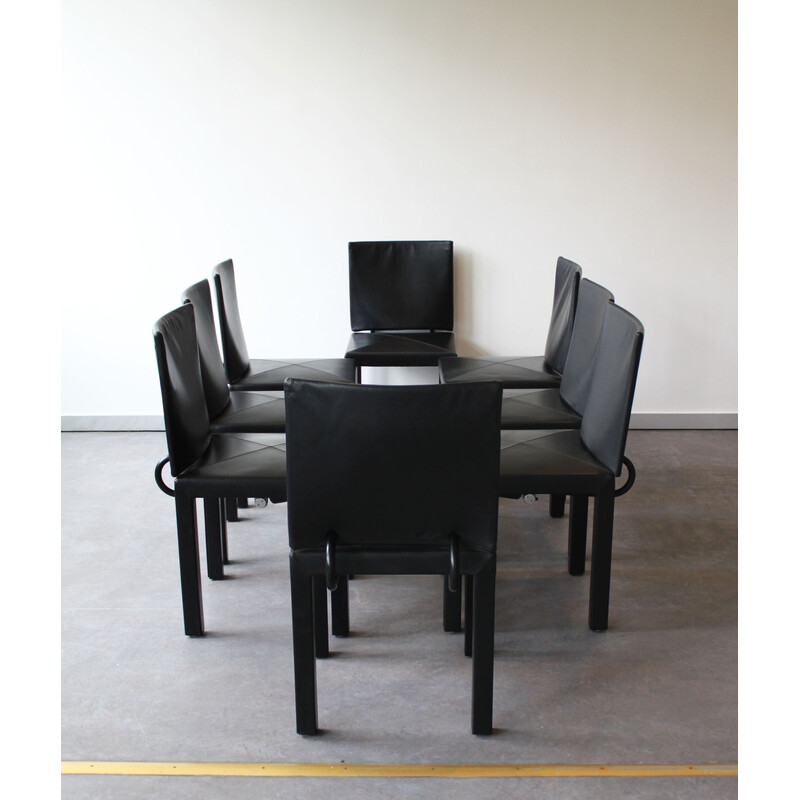 Set of 8 vintage Arcadia chairs in leather and black lacquered metal by Paolo Piva for B&B, Italy 1985s
