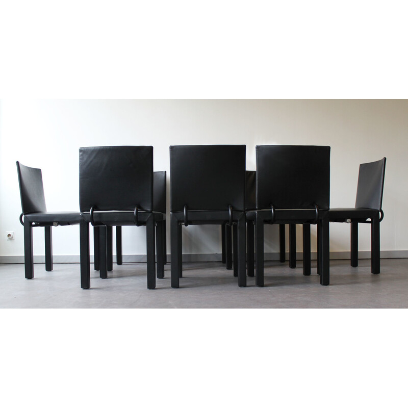 Conjunto de 8 sillas vintage Arcadia de cuero y metal lacado en negro de Paolo Piva para B
