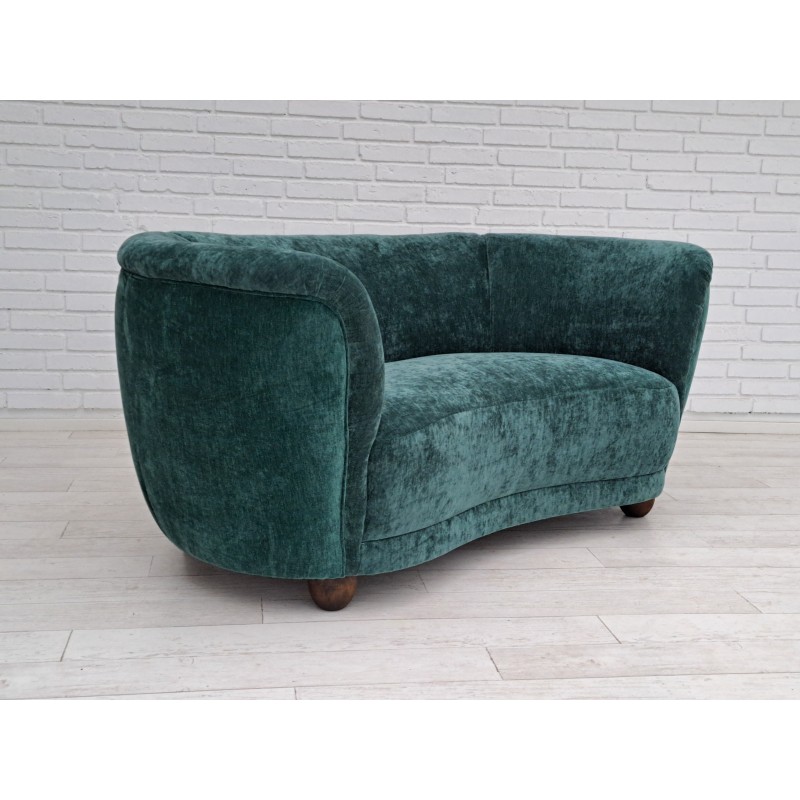 Vintage 2-seater "Banana" sofa in green velvet and oak, Denmark 1960s