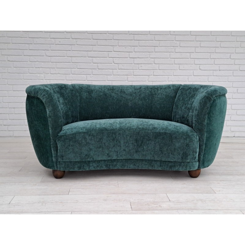 Vintage 2-seater "Banana" sofa in green velvet and oak, Denmark 1960s