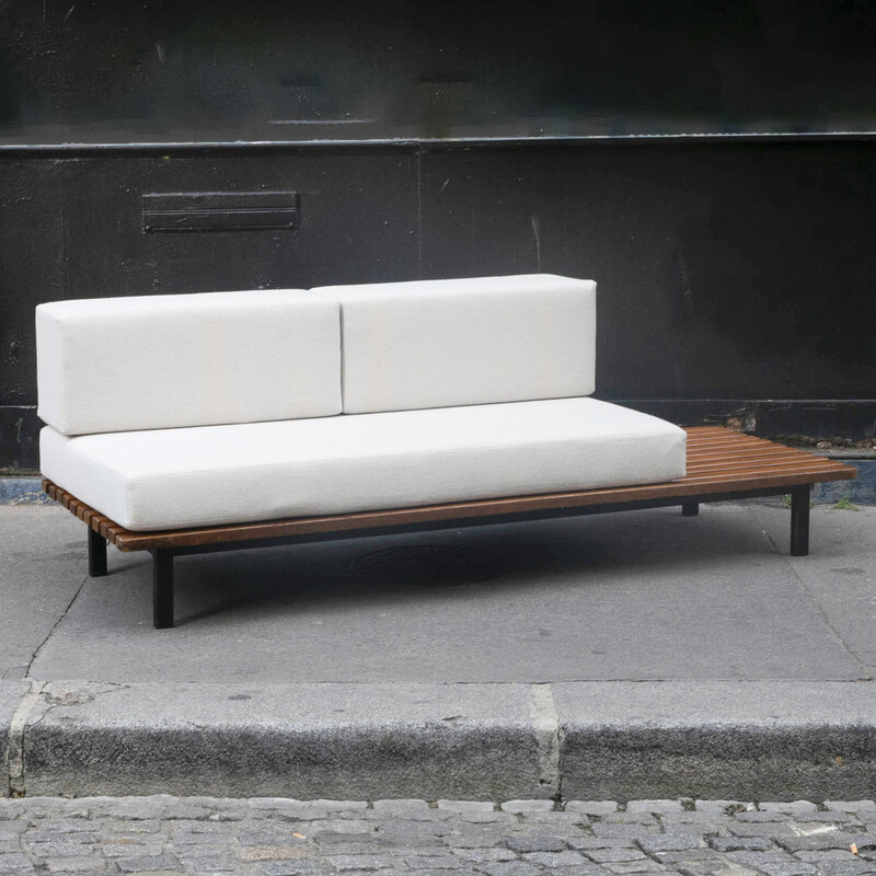 Vintage Cansado bench in mahogany and metal by Charlotte Perriand for Steph Simon, 1950s