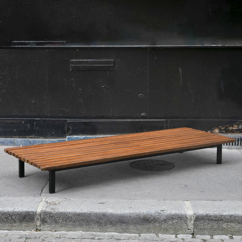 Vintage Cansado bench in mahogany and metal by Charlotte Perriand for Steph Simon, 1950s