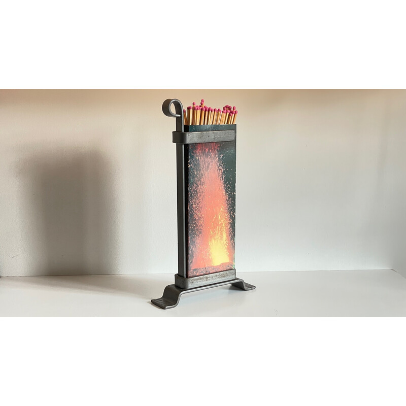 Vintage steel fireplace match holder