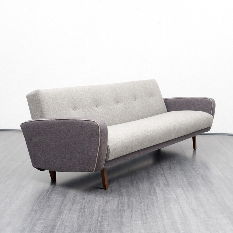 3-seater "Streamline"  grey sofa in fabric and wood - 1950s