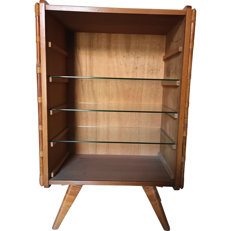 straf Aanpassen bedelaar Vintage boekenkast van hout, bamboe, rotan en glas, 1950