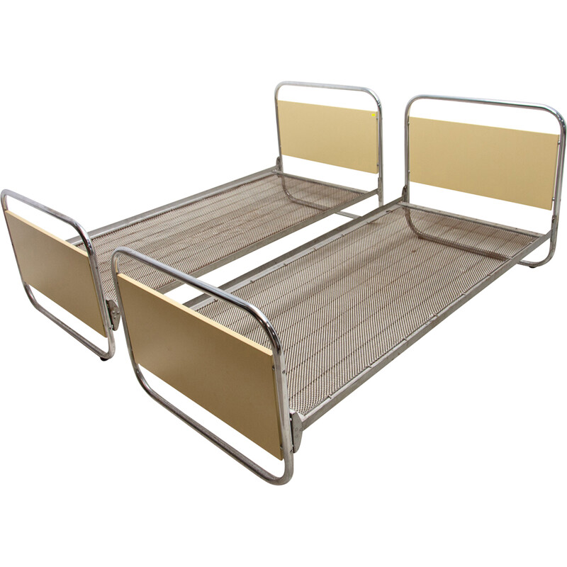 Pair of vintage Bauhaus tubular steel beds, Czechoslovakia 1930s