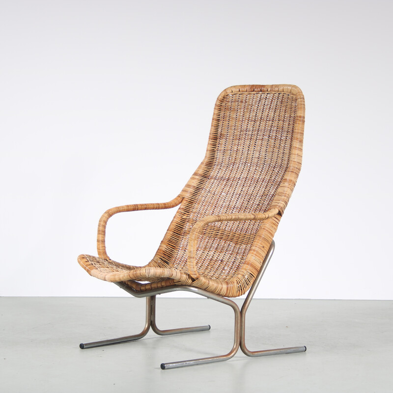 Vintage metal and wicker lounge chair by Dirk van Sliedregt for Rohé, Netherlands 1970s