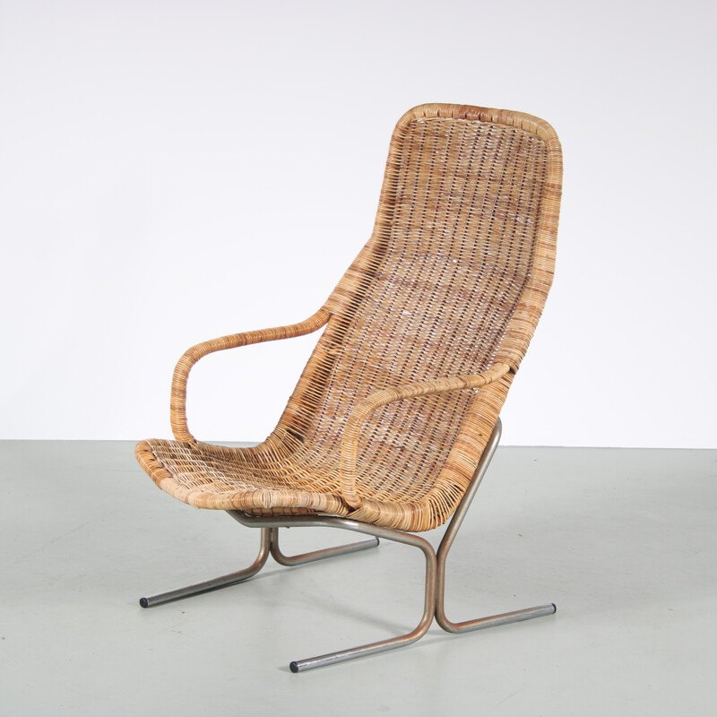 Vintage metal and wicker lounge chair by Dirk van Sliedregt for Rohé, Netherlands 1970s