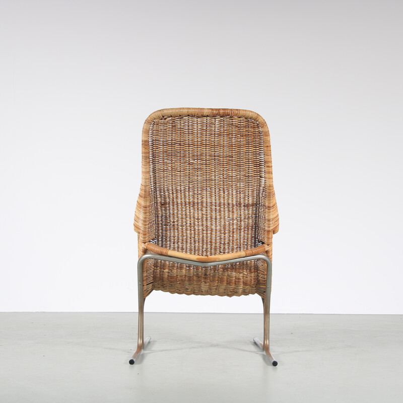 Vintage metal and wicker lounge chair by Dirk van Sliedregt for Rohé, Netherlands 1970s