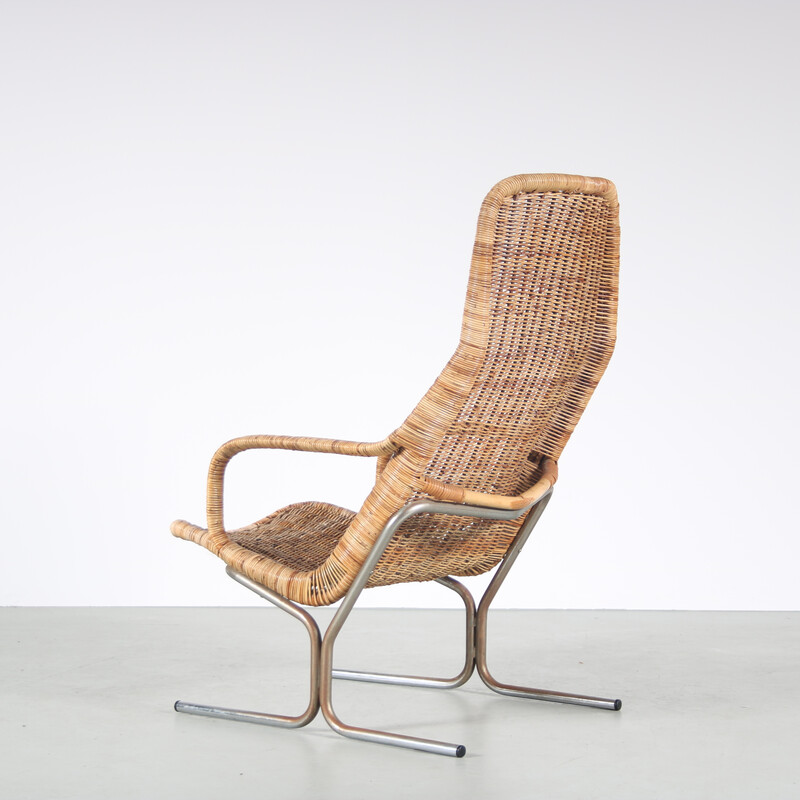 Vintage metal and wicker lounge chair by Dirk van Sliedregt for Rohé, Netherlands 1970s