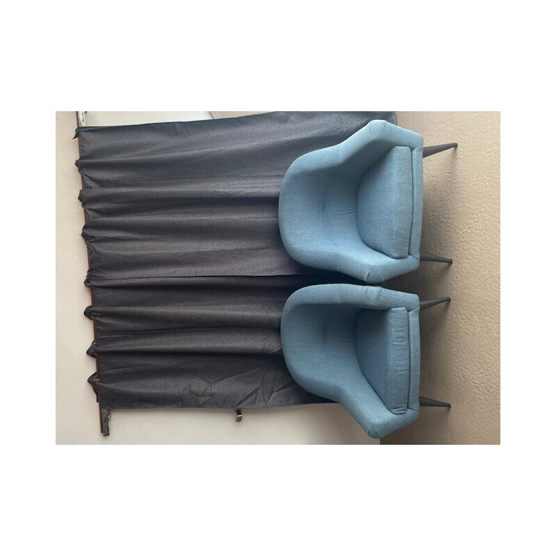 Paire de fauteuils vintage en tissu natté bleu par Charles Ramos, 1950-1960