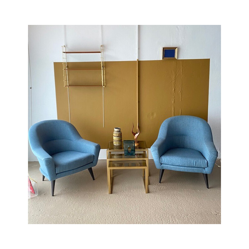 Paire de fauteuils vintage en tissu natté bleu par Charles Ramos, 1950-1960
