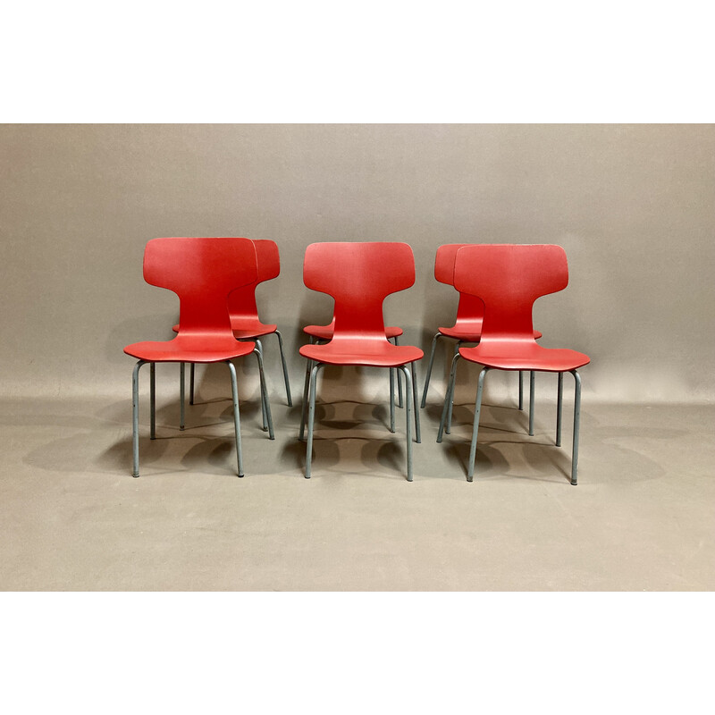 Set van 6 vintage houten en metalen stoelen van Arne Jacobsen voor Fritz Hansen, 1960