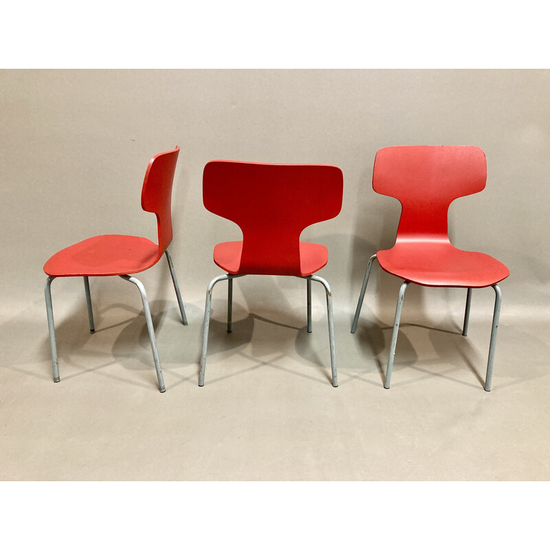 Set of 6 vintage wood and metal chairs by Arne Jacobsen for Fritz Hansen, 1960s