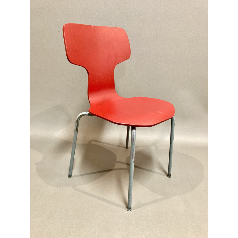 Set of 6 vintage wood and metal chairs by Arne Jacobsen for Fritz Hansen, 1960s