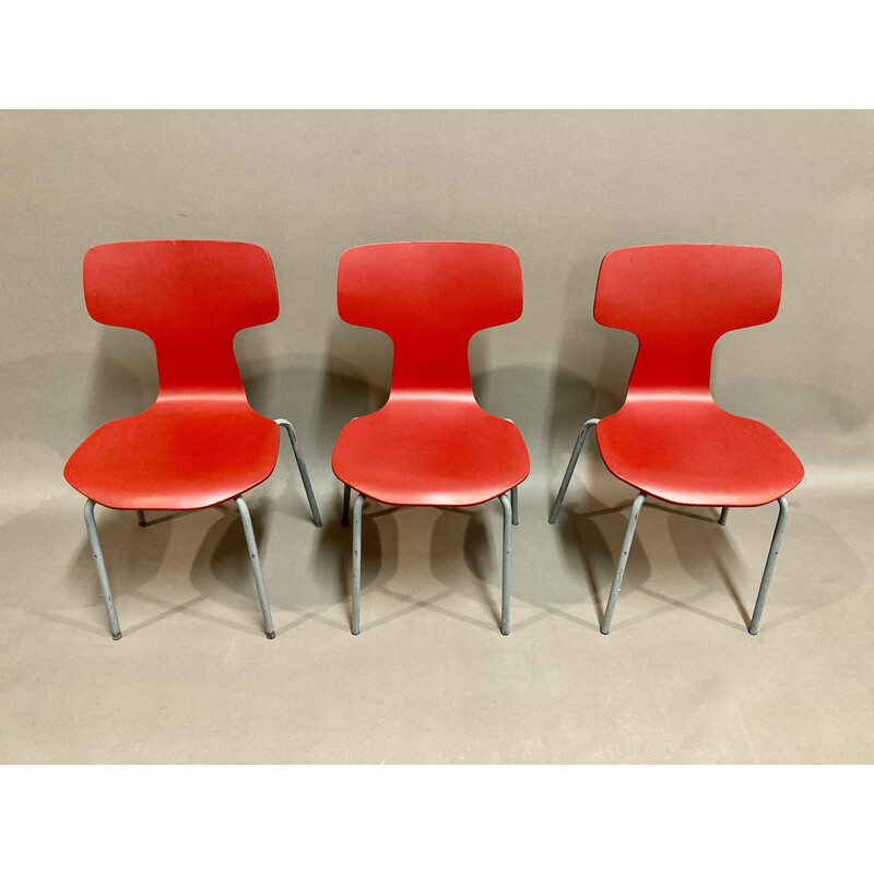 Juego de 6 sillas vintage de madera y metal de Arne Jacobsen para Fritz Hansen, 1960