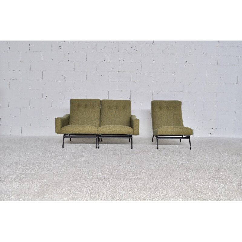 3 -seater green woolen sofa in metal  - 1950s