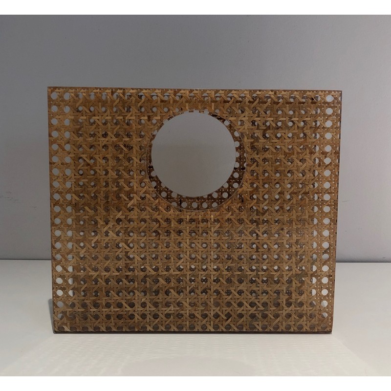 Vintage magazine rack "handbag" in plexiglass, brass and cane, France 1970s