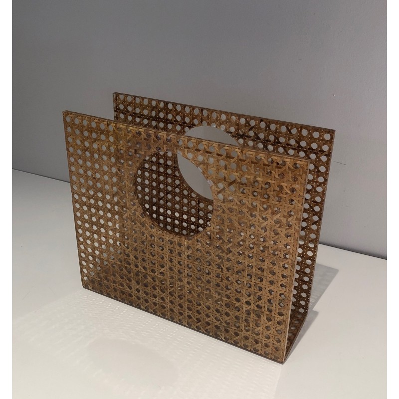 Vintage magazine rack "handbag" in plexiglass, brass and cane, France 1970s