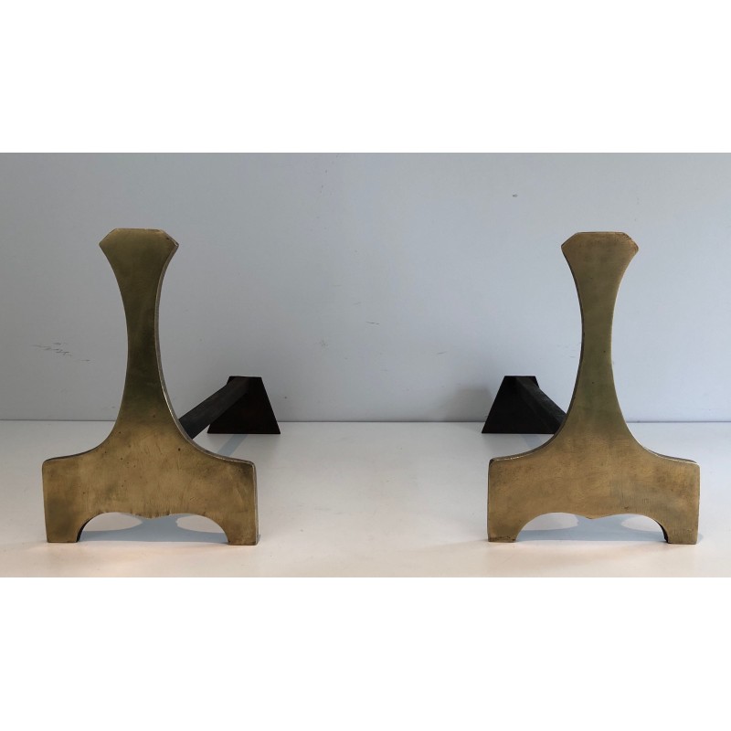 Pair of vintage modernist brass andirons, France 1970s