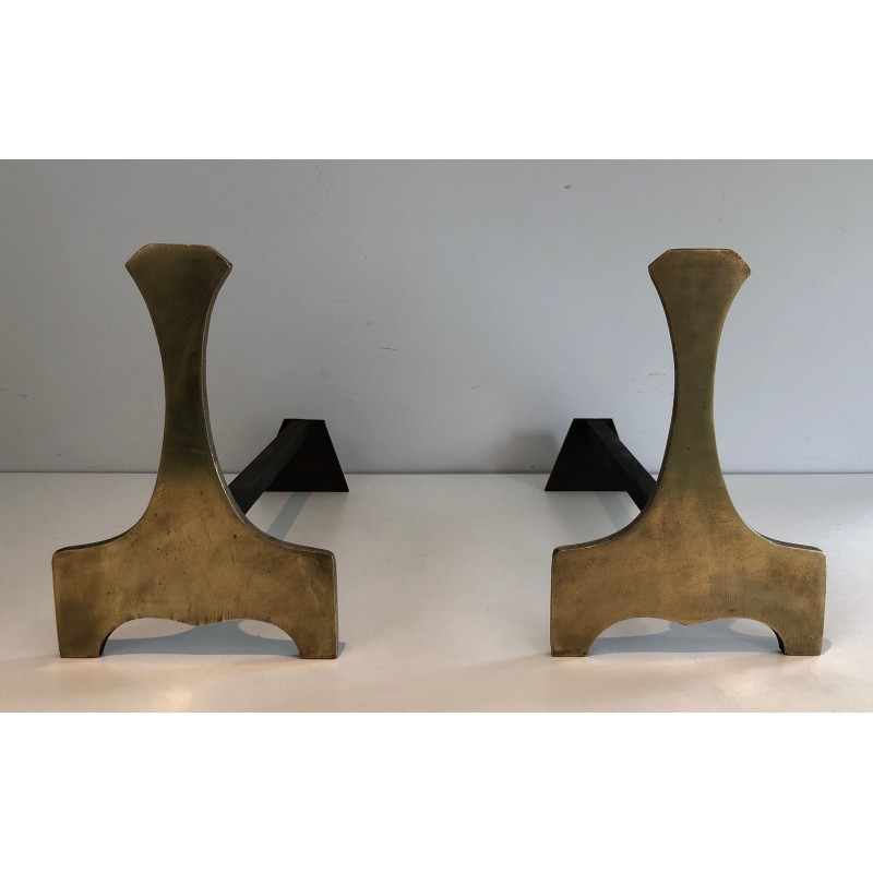 Pair of vintage modernist brass andirons, France 1970s