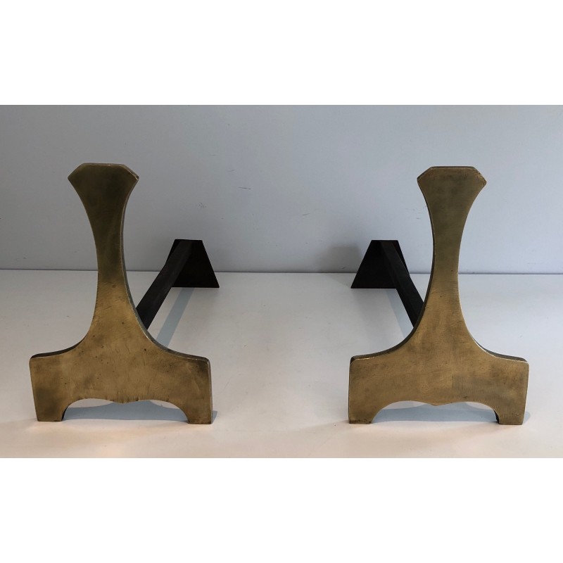 Pair of vintage modernist brass andirons, France 1970s