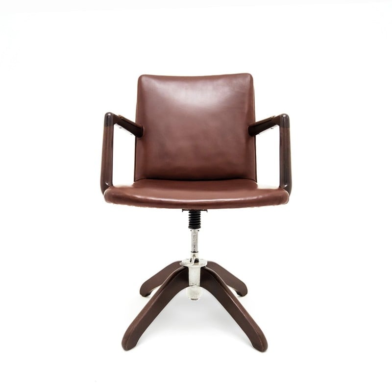 Vintage A721 desk chair in cognac leather and oak by Hans J. Wegner for Planmøbel, Denmark 1940s