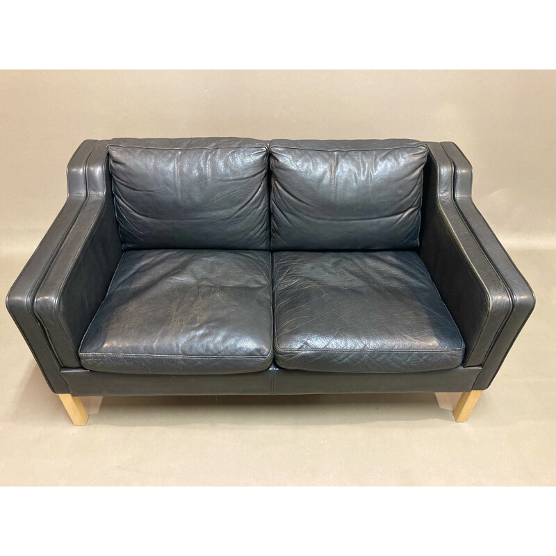 Vintage Scandinavian 2-seater sofa in black leather and pine, 1960s
